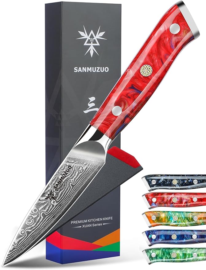 SANMUZUO 3.5 Inch Paring Knife - Kitchen Fruit Vegetable Knife Damascus Steel & Resin Handle - Xuan Series (Fantasy Orange)