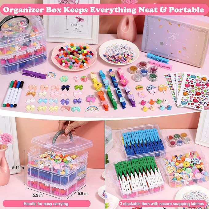 Cheer Pins Spirit Clip Set, 100 Colored Wooden Clothes Pins 340 Mini Resin Animals Ducks Letter Beads Bows Stickers Pen, Cheer Pin Decor for Cheerleading Backpack Ribbon Team Classroom Cheer Gift Bulk