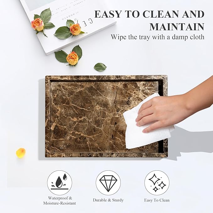 Real Natural Marble Tray for Bathroom, Genuine Marble Stone Vanity Tray, Luxury Storage Trays for Kitchen, Vanity, Home Decor, Dresser, Non-Resin/Non-Ceramic, 12"x 8"x 1.2", Dark Brown