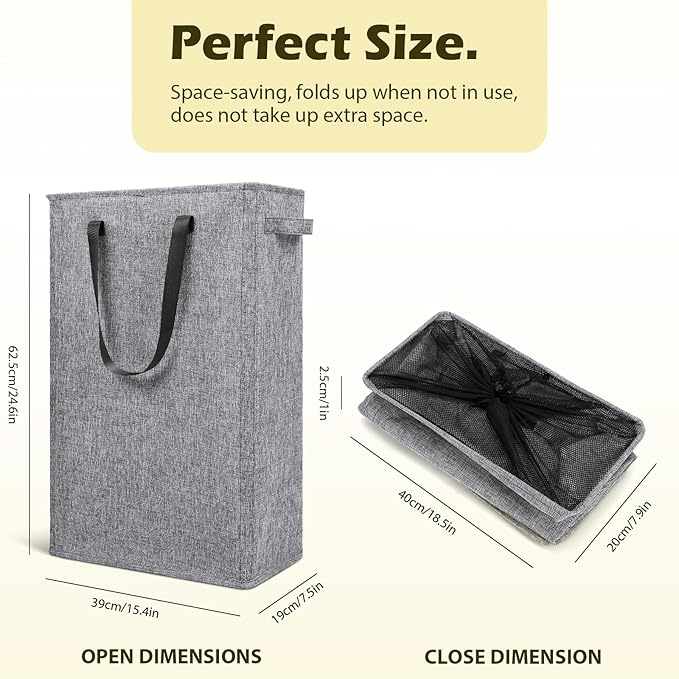 Odonata Slim Laundry Hamper Handles Collapsible Laundry Basket Thin Dirty Clothes Basket Narrow Laundry Bag Foldable Dirty Hamper 45L (Heather Grey)