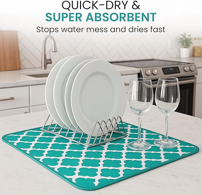 Dish Drying Mat - Microfiber Kitchen Counter Mat, Super Absorbent & Quick Dry Dish Drying Pad for Dishes, Utensils, Pots & Pans - Large Reversible Drying Mat for Kitchen Countertops, Coffee Bar, Green