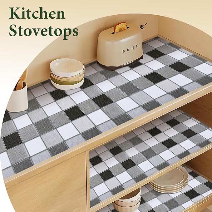 Drawer and Shelf Liner for Kitchen Cabinet: 17 in X 30 Ft Non Slip Waterproof Shelf Paper Non Adhesive Refrigerator Liners Gray Mosaic Easy Liners for Bathroom