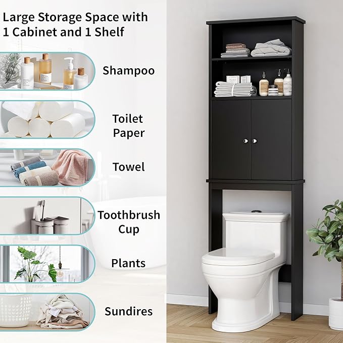 Shintenchi Over The Toilet Storage Cabinet, Bathroom Above The Toilet Rack, Bathroom Adjustable Shelf Organizer with Open Bottom Bar and Anti-Tip Device, Black