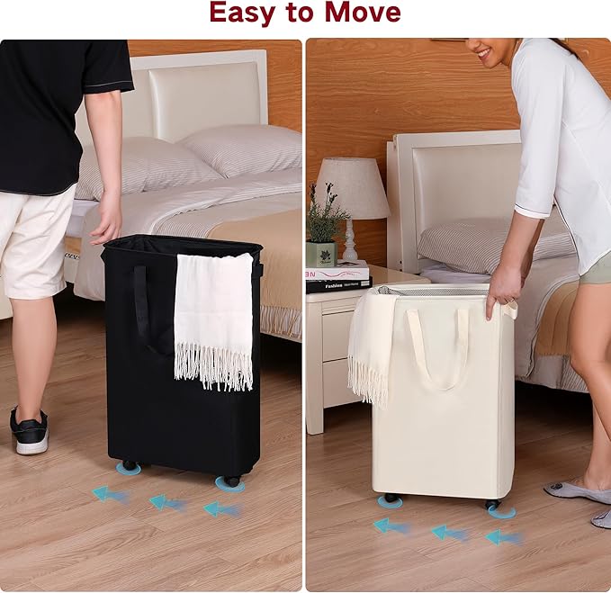 efluky Slim Laundry Hamper with Wheels, Rolling Laundry Basket for Clothes, Small Laundry Basket for Bedroom, Dorm and Laundry Room, 60L (12.7 Gallons) Grey