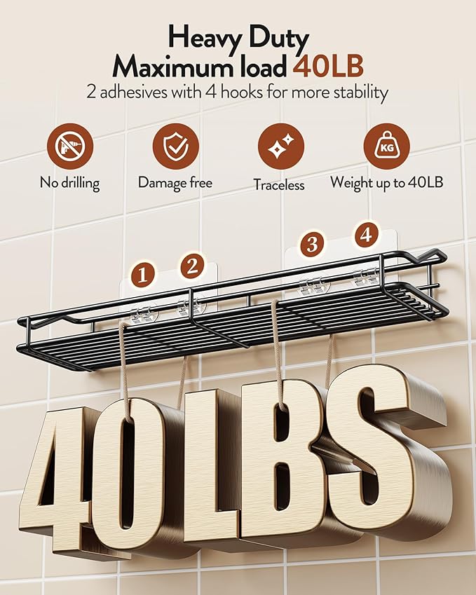 Orimade Adhesive Bathroom Shelf Organizer Shower Caddy Storage Basket Kitchen Spice Rack No Drilling SUS304 Stainless Steel Rustproof, 15.75 inch, Black