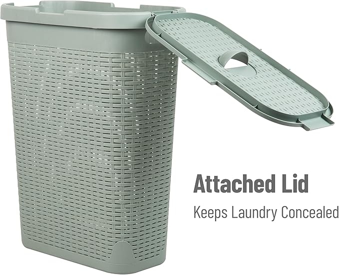Mind Reader Slim Laundry Hamper with Lid, 40L Clothes Basket, Premium Wicker Design, Plastic, Mint