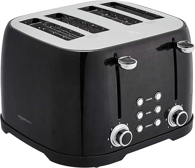 4 Slice Toaster with 4 Slots, 6 Browning Settings, Defrost, Removable Crumb Tray, Bagel Function, Cancel Button, 1600W, Black