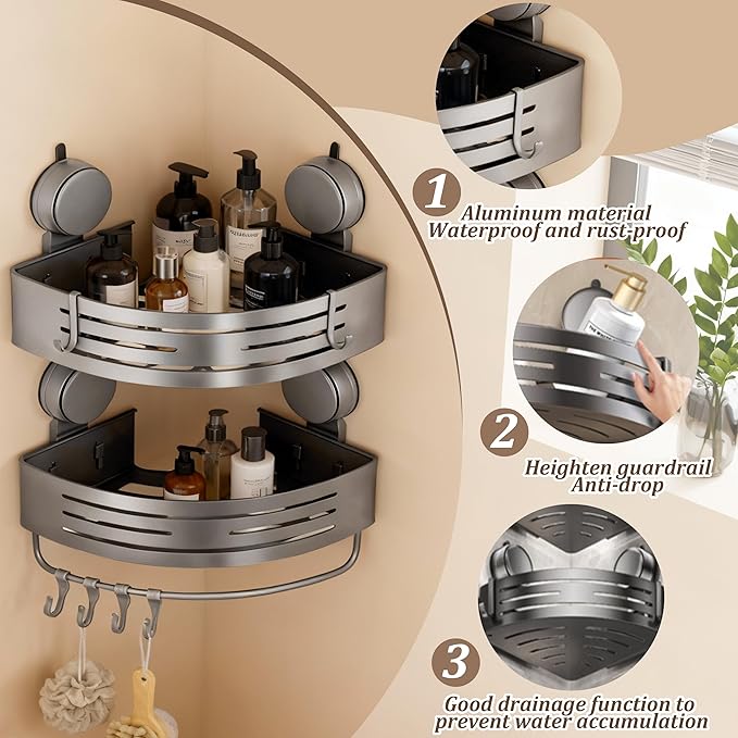 Corner Suction Cup Shower Caddy(2-Pack Gray),No-Drilling Aluminum Shower Shelf with Towel Bar & Hooks,Removable Bathroom and Kitchen Storage Organizer.