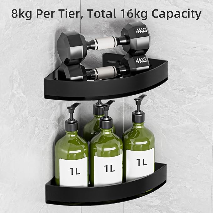 Black Corner Shower Caddy - Rustproof Aluminium Triangle Shower Shelf - No Drill & Drill Installation - 2 Bathroom Shelves Wall Mounted (20LB Capacity/Tier)