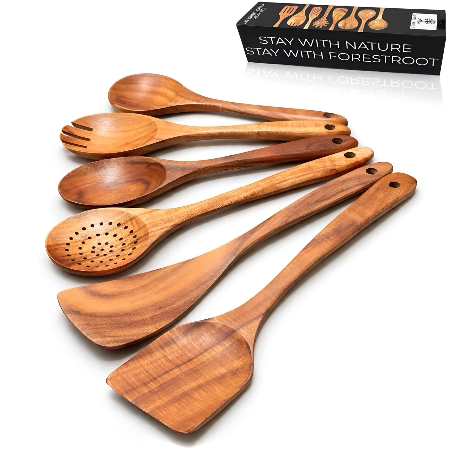 Forestroot 6-Piece Wooden Utensil Set – Premium Teak Wood Cooking Spoons & Spatulas, Non-Stick, Heat-Resistant, Durable & Eco-Friendly Kitchen Tools for Cooking & Serving