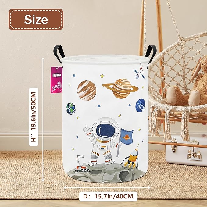 Laundry Hamper Large Canvas Fabric Lightweight Storage Basket/Toy Organizer/Dirty Clothes Collapsible Waterproof for College Dorms, Boys and Girls Bedroom,Bathroom(Space astronaut)
