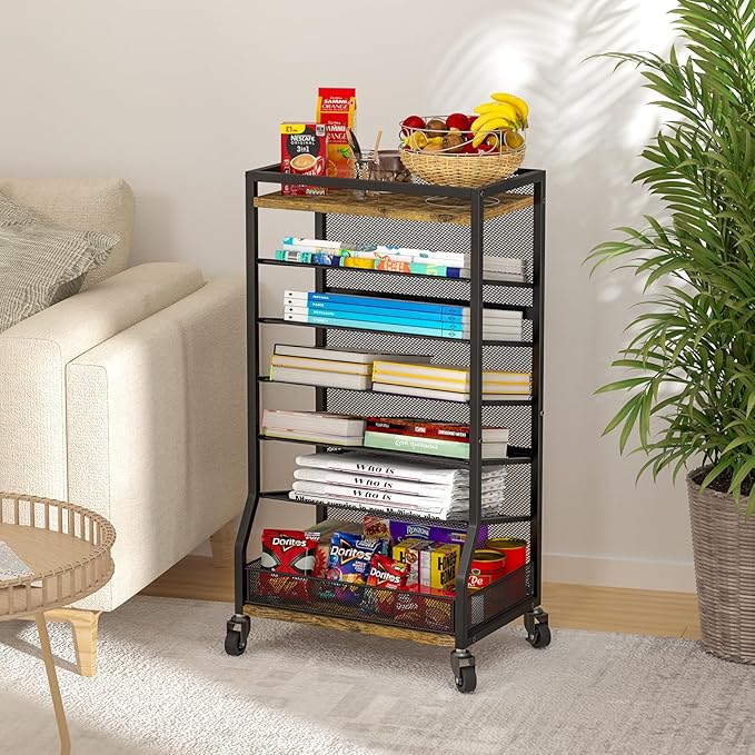 7 Tier Rolling File Cart with Sliding Trays, Wood Metal File Organizer Beside Desk, Free-Standing File Holder, Paper Letter Tray Organizer Mesh Desk Organizer for Home Office School (Patent)