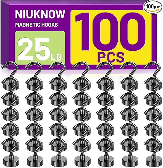 Magnetic Hooks, 100Pack Neodymium Magnet Hook for Hanging Mugs, 25LBS Strong Metal Magnet with Hooks Heavy Duty for Classrooms, Cruise, Fridge, Office, Home and Kitchen