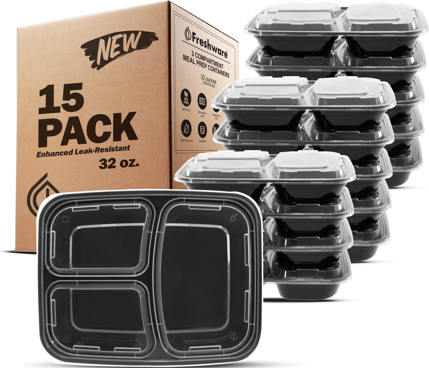Freshware Meal Prep Containers [150 Pack] 3 Compartment Food Containers with Lids, Bento Box, Stackable, Microwave/Dishwasher Safe (32 oz)