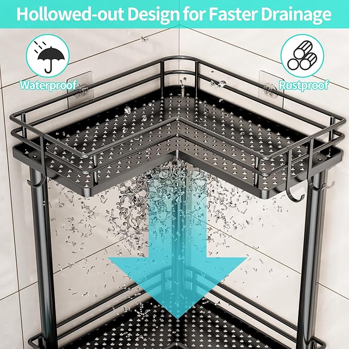HapiRm Corner Shower Caddy Standing - 3 Tier Shower Organizer Corner with Soap Holder, Rustproof Bathroom Standing Organizer with 4 Hooks, Black
