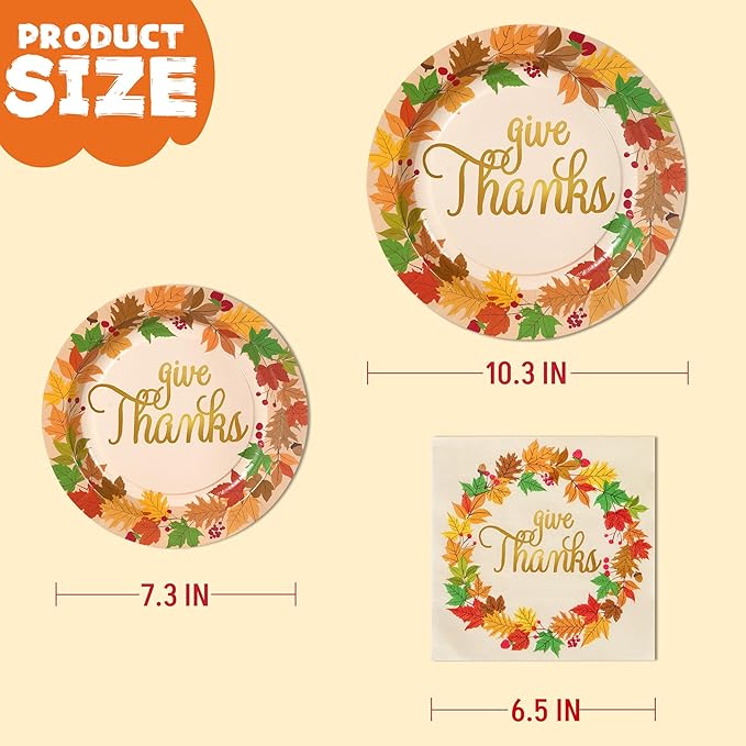 JOYIN 100 Pcs Thanksgiving Paper Plates and Napkins Disposable Dinnerware Set for 25 Guests, Give Thanks Theme Party Supplies, Happy Autumn Tableware Set
