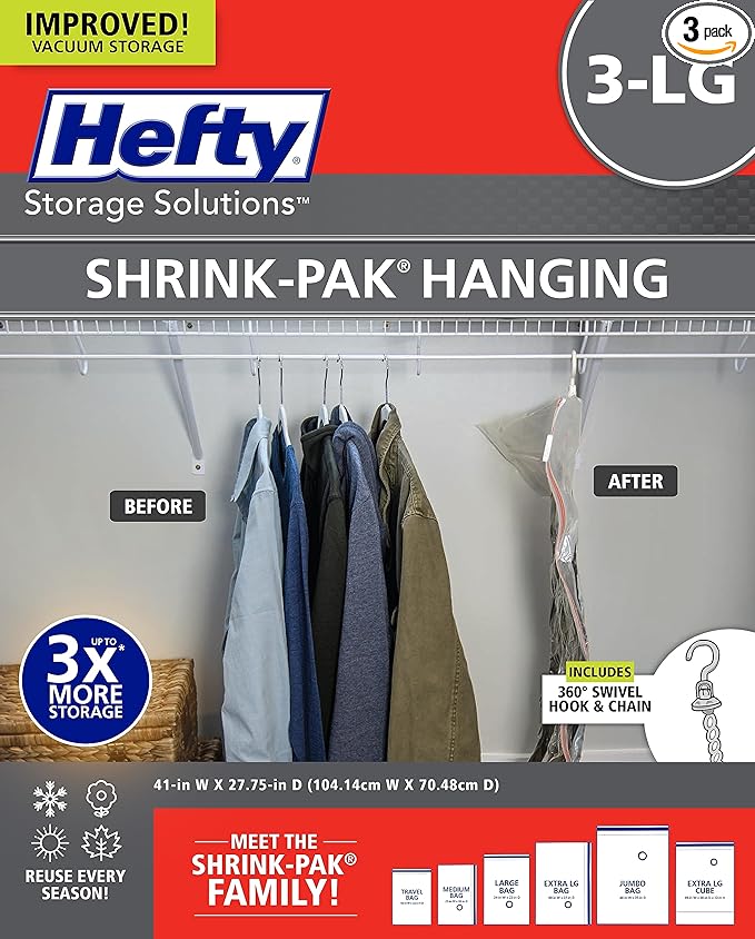 Hefty Hanging Compression Bags 3 Extra Long Vacuum Garment Storage Bags for Clothes, Travel, Closet Organization (60 X 27 Inches) (X-Large)
