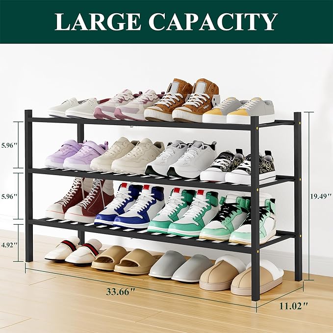 Smiry Shoe Rack, 3 Tier Long Bamboo Shoe Organizer, Stackable Free Standing Wooden Shoe Storage Shelf for Closet, Entryway, Front Door Entrance, Black