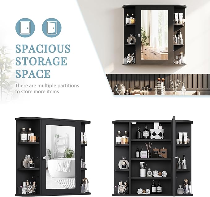 Shintenchi Bathroom Wall Cabinet with Mirror, Mounted Medicine Cabinets with 4 Internal and 6 Open Shelves, Mirrored Door Over The Toilet Storage, Black
