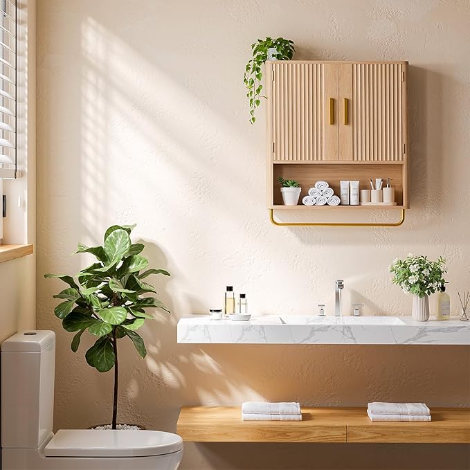 Bathroom Cabinet Wall Mount with Fluted Door Panel & Adjustable Shelf, Medicine Cabinet with Open Partition and Towel Bar, Wall Storage Cabinet for Laundry Room & Kitchen (Natural Oak)