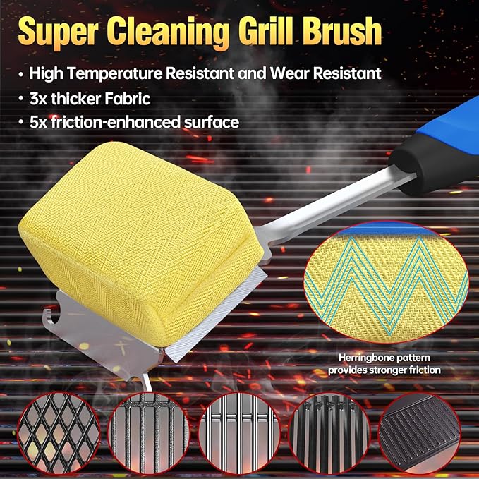 Grill Brush Bristle Free for Outdoor Grill,BBQ Grill Cleaner Brush and Scraper with Replaceable Head,Safe Steam Cleaning 17'' Long Handle Grilling Accessories for Cast Iron Stainless Steel Grates,Blue