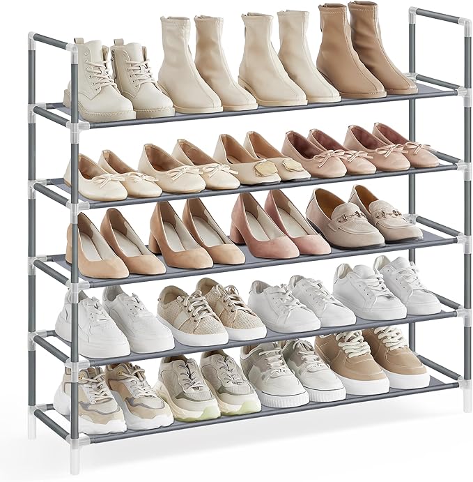 SONGMICS 5-Tier Shoe Rack, Shoe Storage for Hallway Closet, Slim and Space-Saving, Metal Frame, Non-Woven Fabric Shelves, Grey ULSH055G01V1