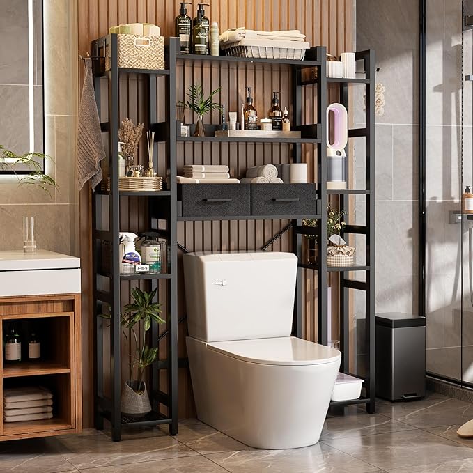 Over The Toilet Storage with 2 Drawers - 11 Tier Bathroom Organizer Freestanding Space Saver Storage Rack with Adjustable Shelf Above Toilet Stand with 4 Hooks for Restroom, Laundry, Black