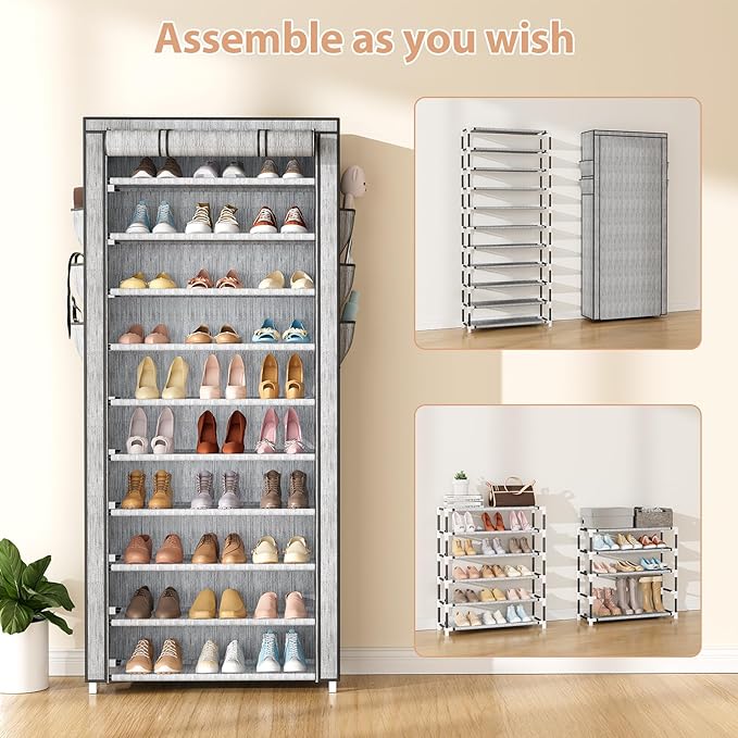 VTRIN Vertical Narrow Shoe Rack Organizer Tall Shoe Rack for Closet Entryway 10 Tier Non-Woven Cover Shoe Shelf Holds 36-41 Pairs Free Standing Shoe Storage Cabinet with Dustproof Cover, Multi Color