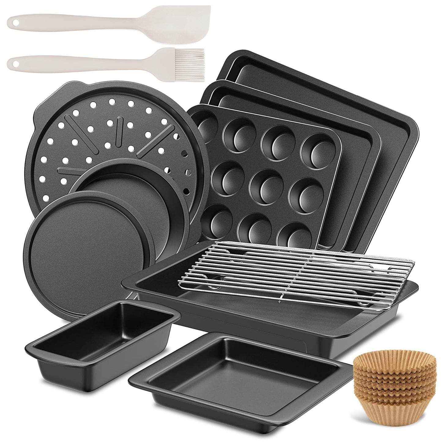 HONGBAKE Bakeware Sets, Baking Pans Set, 12 Pieces Nonstick Oven Pan with 120 Muffin Liners for Kitchen, Wider Grips, Including Rack, Cookie Sheet, Cake, Loaf, Muffin, Pizza Pan - Champagne Gold