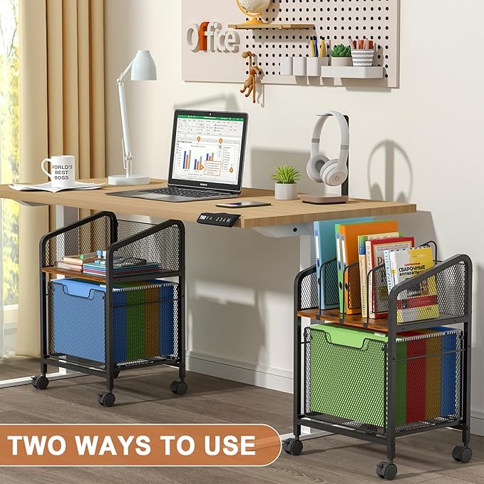 Rolling File Cabinet with Adjustable Dividers, Vertical Filing Cabinet with Storage Drawer on Lockable Wheels, Hanging File Organizer Beside Under Desk for Office, Home（Patent Pending）