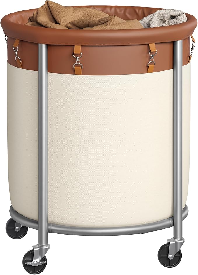 SONGMICS 50.2-Gallon (190 L) Laundry Basket with Wheels, Rolling Round Heavy-Duty Laundry Hamper Cart with Steel Frame and Removable Bag, 2 Locking Wheels, Coffee Brown and Cream White URLS001KQ02