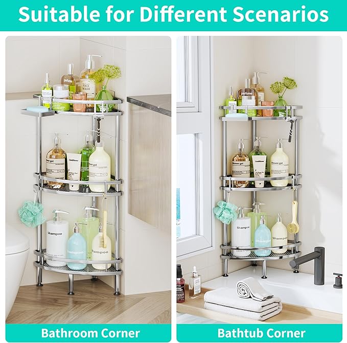 HapiRm Standing Corner Shower Caddy - 3 Tier Shower Organizer Corner with Soap Holder and 4 Hooks, Rustproof Bathroom Storage Shelves with Adhesives, Silver