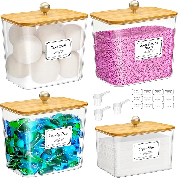 Lifewit Large Laundry Pods Container& Dryer Sheet Holder, Laundry Storage Containers, Laundry Room Organization Storage Jars for Powder, Scent Booster Beads,Bamboo Lid,0.53+0.7 gal,4 Pcs