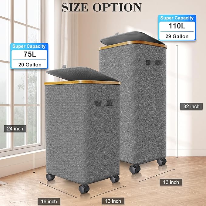 Laundry Hamper with Wheels,29 Gal (110L) Laundry Basket with lid Rolling Clothes Hamper Foldable Dirty Clothes Basket on wheels with Bamboo Frame and Bag for Bedroom, Dorm, Laundry Room-Grey