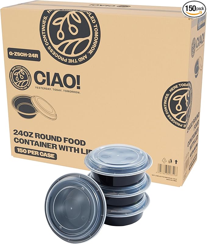 CIAO! Heavy Weight 38oz Injection Molded Microwavable Black Round Food Container with Lid (150/case)