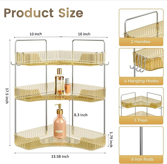 2 Tiers Bathroom Corner Organizer (Gold, 3-Tier)