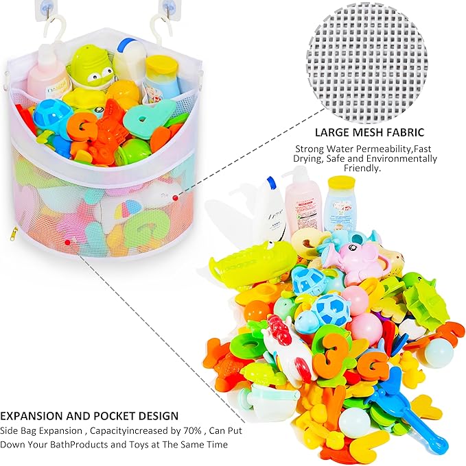 Ligereza Baby Bath Toy Organizer, Quick Drying and Mould Proof, Corner Hang-Suspension Holder, Large Capacity Multi Use Shower Caddy (White)