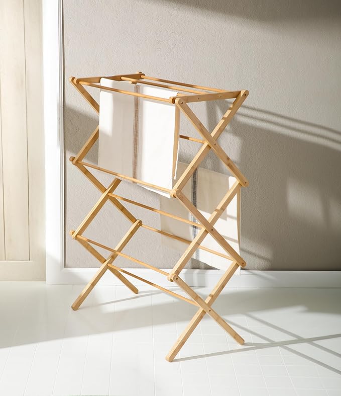 Gibson Home Riverrun Foldable Bamboo Drying Rack for Clothes & Towels – 2-Tier Collapsible Laundry Drying Rack, Space-Saving Air Dry Stand for Clothes, Towels, Blankets, etc for Indoor & Outdoor Use