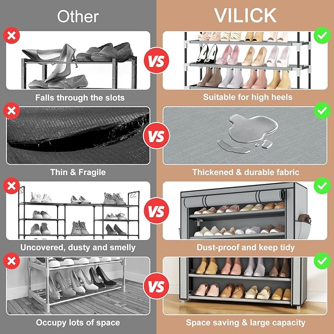 Shoe Rack with Cover Wide Shoe Organizer with Pockets 10 Tier Tall Shoe Storage Holds 50-55 Pairs Shoes and Boots Shoe Rack for Closet Entryway Garage, Grey