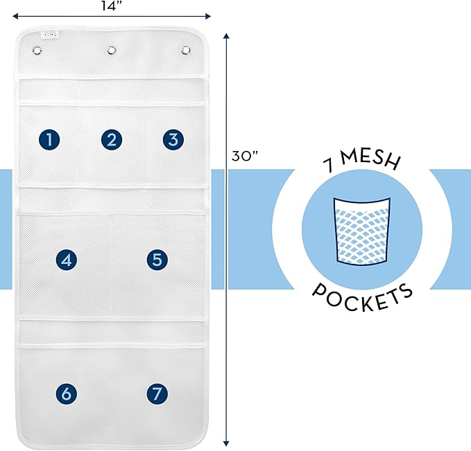 S&T INC. Shower Organizer, Shower Caddy or Bathroom Organizer with Quick Drying Mesh, 7 Pockets to Hold Shampoo, Soap, Loofah, and Cruise Ship Essentials, 14 Inch by 30 Inch, White, 1 Pack