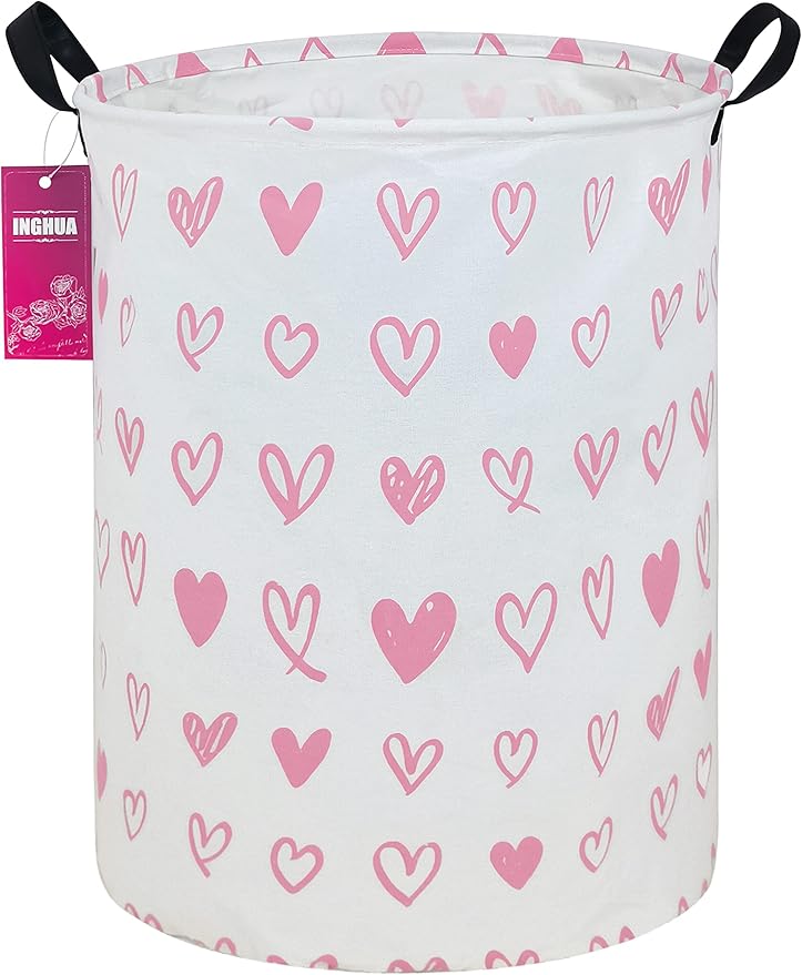 Laundry Hamper Large Canvas Fabric Lightweight Storage Basket/Toy Organizer/Dirty Clothes Collapsible Waterproof for College Dorms, Boys and Girls Bedroom,Bathroom(Pink hearts)