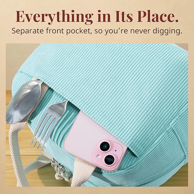 Insulated Lunch Bag for Women Men, Stylish Corduroy Tote Bag with Aluminum Lining, Large Capacity Reusable Cooler for Work, Travel, or Beach, Mint Green Lunch Box