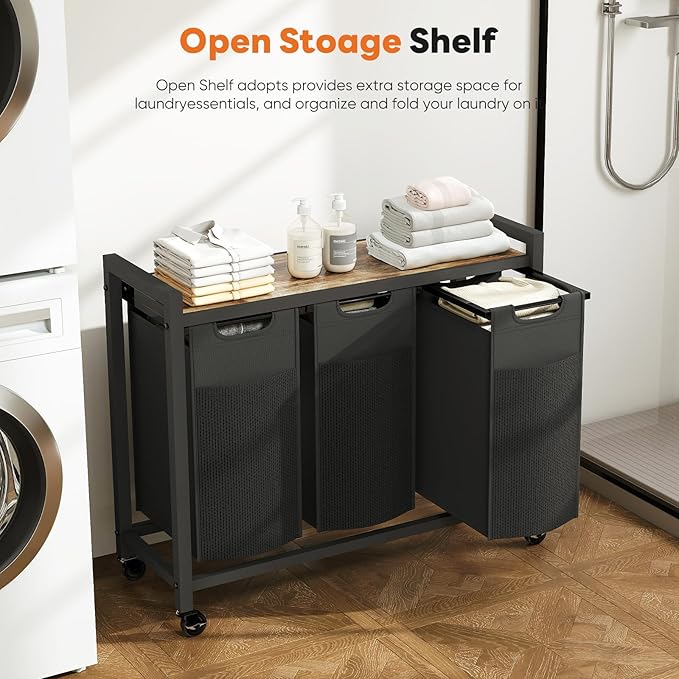 DUMOS Laundry Hamper with 3 Pull-Out Removable Sorter Bags, Movable Wheels, Freestanding Clothes Basket Organizer in Bathroom, 3 × 10.6 Gal (120L) Capacity, Rustic Brown and Black