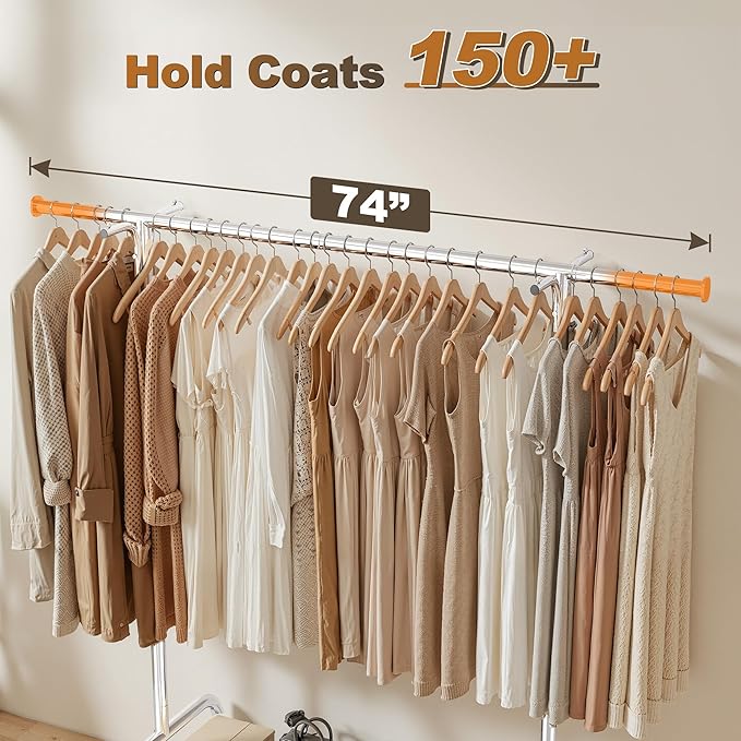 Raybee Heavy Duty Clothes Rack Load 485LBS, 74''W Clothing Rack with Mesh Shelf, Rolling Garment Rack with Adjustable Rail & Lockable Wheels for Bedroom, Laundry Room,Commercial
