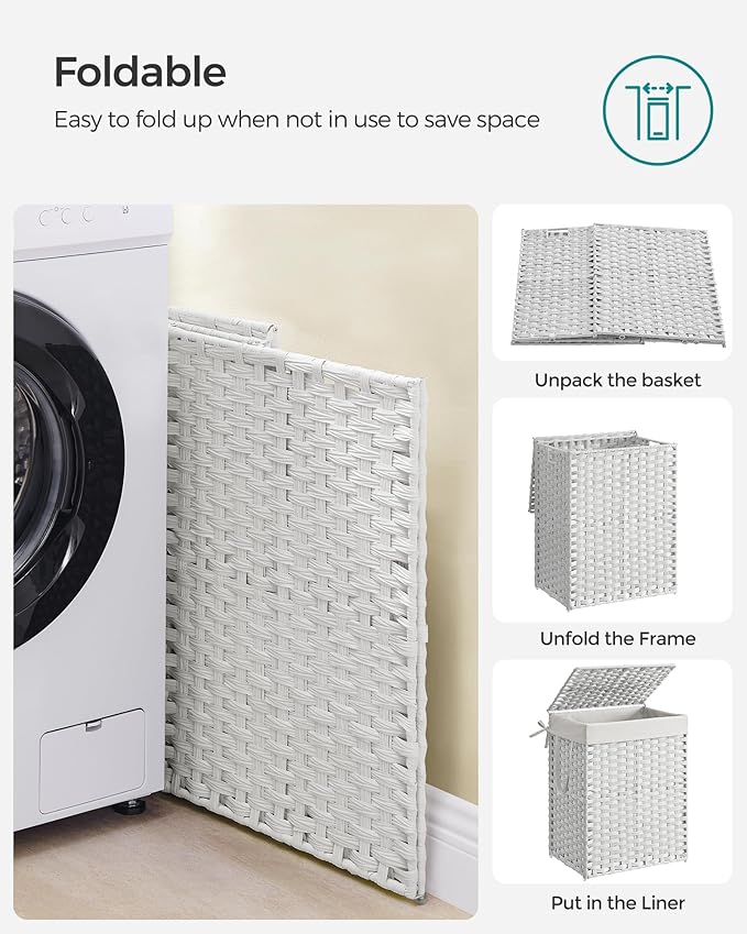 SONGMICS Laundry Hamper with Lid, 23.8 Gallon (90 L) Synthetic Rattan Clothes Laundry Basket with Lid and Handles, Foldable, Removable Liner, Cloud White ULCB51WT