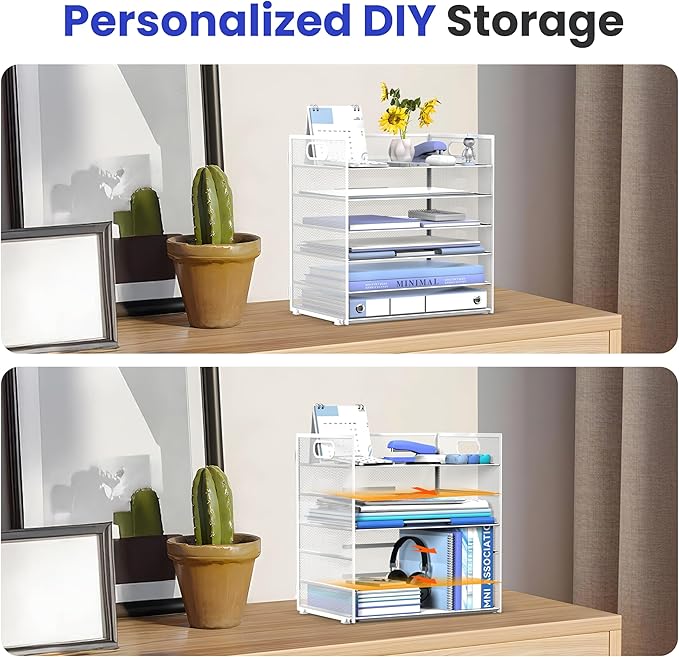 Daltack 6 Tier Paper Organizer for Desk, Paper Letter Tray Organizer for Desks, Mesh Desk File Organizers with Handle for Office, Home, School, White, 2 Pack