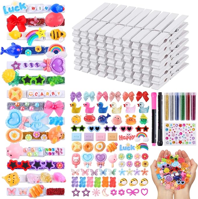 JOICEE 80 Set Cheer Pins Spirit Clips,Clothes pins Include 126 Mini Resin Animals Bows and Self Adhesive Stickers Pen 300 Beads Pearls for Backpacks Ribbon Team Classroom Cheer Gifts Bulk(White Wood)