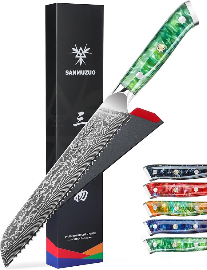 SANMUZUO 8” Bread Knife Serrated Kitchen Chef Knife- Damascus Steel & Resin Handle - Xuan Series (Sapphire Blue)
