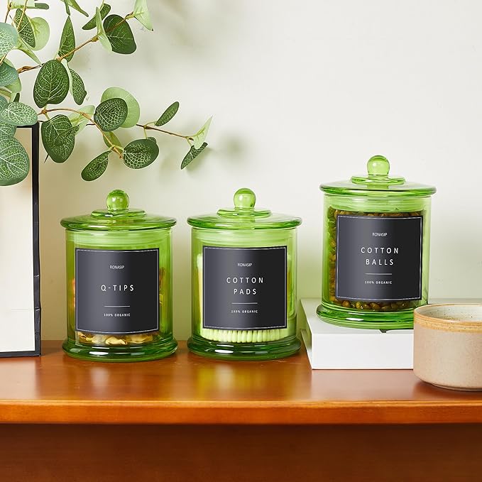 3 Pack Green Qtip Holder Dispenser, 16oz Bathroom Organizer and Storage Canisters, Glass Apothecary Jars with Lid - Home Decor, Room Decor Aesthetic