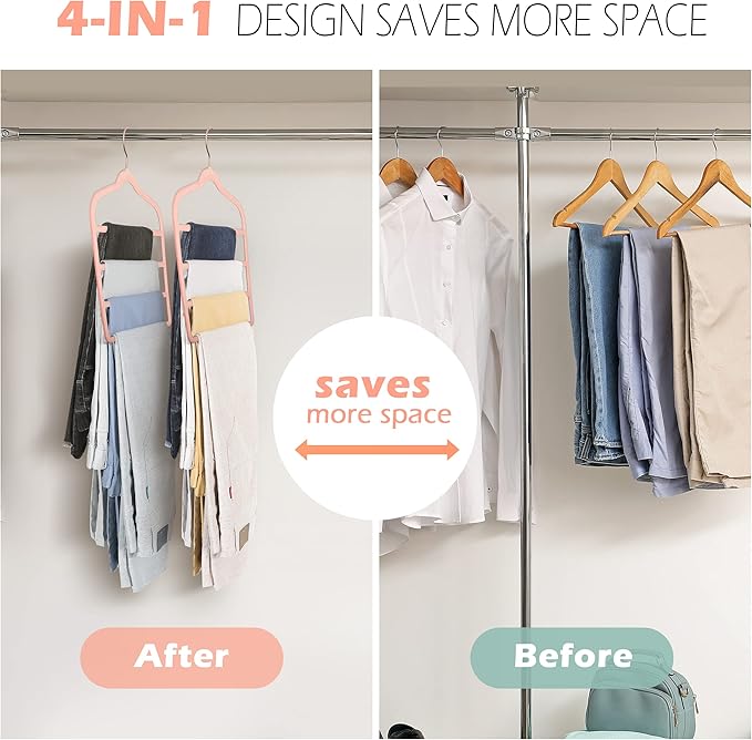 Velvet Pants Clothes Hanger Space Saving Non Slip Pants Shorts Hanger, Myfolrena Jeans Slack Trousers Hangers Multiple Velvet Hanger Closet Storage and Organization for Jeans,Scarf,Tie(Pink, 5)